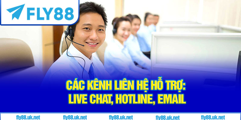 Các kênh liên hệ hỗ trợ: live chat, hotline, email